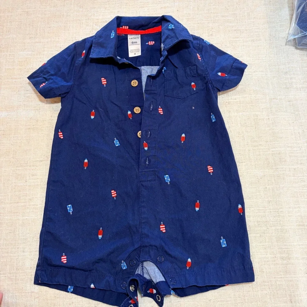 Carters Baby Boy 6M Navy Blue Popsicle Print Romper Button Front‎ One Piece